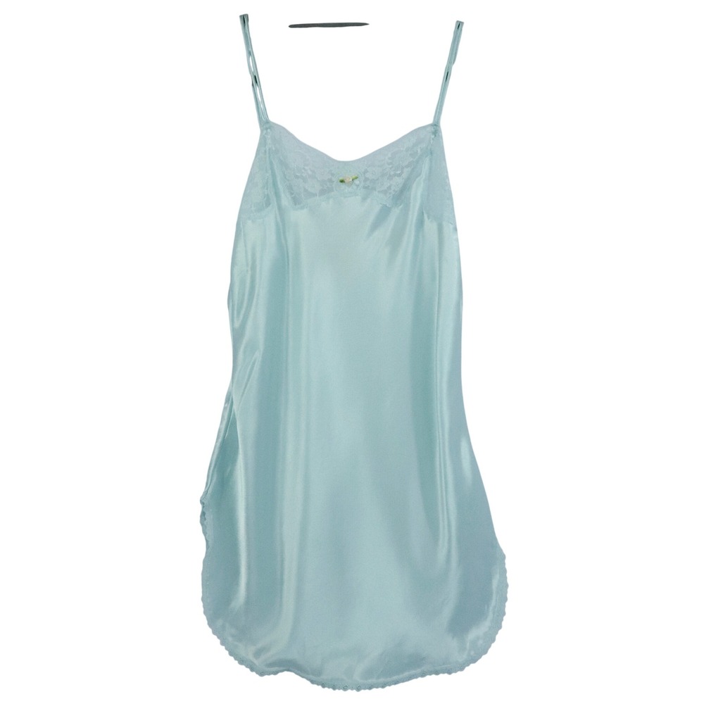 Vintage 80s Victoria's Secret Light Blue Lace Slip Dress Satin Lingerie Sz M